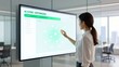 © Wladimir - A professional businesswoman interacting with a large digital touch screen displaying data optimization in a modern glass office environment