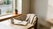© Takibi - Scandinavian Hygge Cozy Cafe Morning Corner with Coffee and Natural Light, close-up with copy space on right