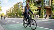 © ryker - Young woman commuting by bicycle on sunny urban street with green buildings, bike lane, backpack and casual business outfit smiling as she rides confidently