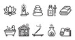 © Bogdan - A clean, line-art vector icon set featuring elements for spa, massage, and relaxation, including a massage table, hot stones, bath, and aromatherapy diffuser.