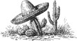 © Purple_Lamp - Cactus with traditional mexican sombrero hat in desert landscape line art illustration