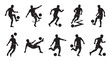 © Bogdan - A collection of black silhouettes depicting male soccer players in various dynamic poses, performing actions like dribbling, kicking, and heading with a football on a clean white background.