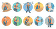 © Bogdan - A collection of circular illustrations depicting a cheerful male repairman performing various construction and home improvement tasks, perfect for conveying DIY and professional services.