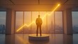 © Umar - A confident businessman stands on a platform in a modern office with a city view and a rising graph at sunset
