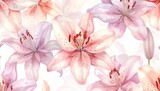 Seamless pattern of pink and purple lilies on white background