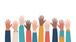 © Ayat04 - Diverse group of multicultural hands raised in the air representing volunteering participation questions shared consensus teamwork flat vector illustration.