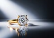 © Katherina - Ein luxuriöser Goldring mit einem großen, funkelnden, perfekt geschliffenen Diamanten auf einer eleganten Oberfläche präsentiert, Metall, geschliffen, Reflexion