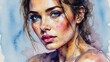 © Artistic Memory - Ritratto artistico ad acquerello di bellissima donna con occhi blu.