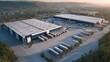 © Aisha - high wide drone capture of warehouse exterior with trucks loading goods, organized yard lines, realistic daylight colors, professional aerial photography