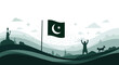 © William - Pakistan independence day celebration scene with national flag over green mountains and people cheering in the landscape.