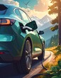 © Gun - A teal electric vehicle charges on a winding road with a forest backdrop, mountains, and a clear sky with wind turbines