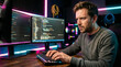 © Xenia - Focused male programmer typing code on computer keyboard. Software developer working on dual monitors in dark room with neon lights. Labor Day concept