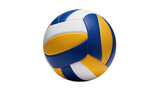 Isolated close-up of a vibrant blue, yellow, and white volleyball, ready for sports activity