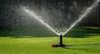 © tpadobestock - A rotating automatic garden sprinkler sprays refreshing clear water onto lush green turf under bright summer sunshine, providing essential moisture, spray, device, motion