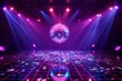 © Rifqi - Shimmering mirror disco ball hanging over reflective checkered dance floor with purple neon spotlights, concept for nightclub event, retro party promotion and music entertainment advertising