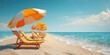 © DSimage - Empty sandy beach with striped deck chairs and yellow umbrellas facing the calm blue sea under a clear summer sky