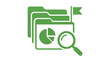 © Mrinal - Green vector icon illustration of project management olders with a pie chart, mgnifying glass, and milestne flag, representing dataanalysis, scrum meetings, nd agile workflow organizaion.