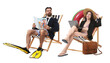© New Africa - Office workers dreaming about vacation. Man and woman with laptop, inflatable ring and swim flippers sitting in deckchairs on white background