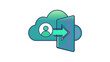 © MdRana - Vector illustration of a cloud computing icon with a user profile and an arrow pointing to an open door, representing login, logout, access, or customer service helpline operator concept.