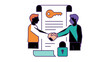 © Mujeeb - Real estate property listing vector icon illustration featuring two business partners shaking hands over a signed contract document with a key and padlock symbol for security and trust.