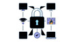 © Aman - SaaS security vector icon illustration featuring a central padlock connected to computer monitors, Wi-Fi, firewall, and checkmark, representing cloud data protection and network safety systems.