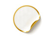 © A - Z - Round blank white sticker with elegant gold foil border and curled corner peel. Realistic paper mock up for labels.