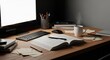 © Paul - A cluttered wooden desk at midnight featuring open heavy textbooks, a glowing screen, scattered notes, and a ceramic steaming coffee mug, night, workspace, light