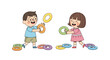 © Muhammad - Cartoon children playing ring toss game with colorful circles on black background; joyful kids having fun tossing rings in cartoon style