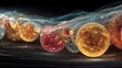 © PirisaTK - Abstract glowing golden cells with red nuclei floating on dark background microbiology and molecular science concept