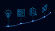 © aistudio - Neon blue technological startup workflow icons illustrating business creation process moving perfectly from creative lightbulb and software wireframe to final quality check and rocket deployment