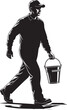 © MH Creation House - Vintage woodcut style worker walking with bucket, black and white laborer silhouette vector, industrial maintenance man in cap and uniform