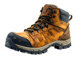 © Muh - Rugged, worn, brown leather hiking boot with muddy accents