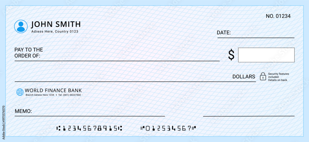 Bank check template with security pattern and clean layout. Cheque ...