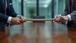 © miss irine - Two businessmen in suits pull rope across table. Corporate battle for control, showing business rivalry and power struggle. Intense competition for market share or company direction.