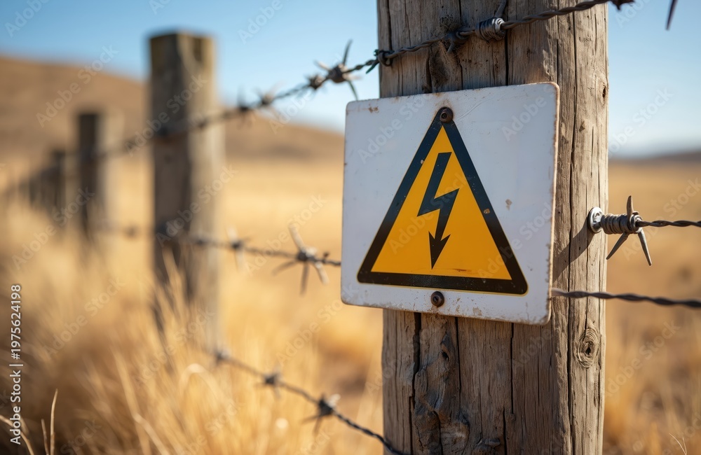 Yellow electric danger sign on wooden post with barbed wire fence. Dry ...