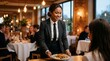 © Fiverr/fazilazia703 - Smiling professional waitress serving a beautifully plated gourmet meal to a customer in an upscale, elegant restaurant with warm, inviting ambiance and other diners in the background.