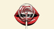 © raharjo007 - Vibrant red lips holding a clear lollipop with a swirling red and white candy inside, against a light background.