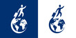 © teracreonte - Logo agencia de viajes. Dibujo minimalista con silueta de un hombre andando con una maleta alrededor de un globo terráqueo en color azul