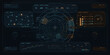 © Антон Сальников - Futuristic digital dashboard interface with circular radar, network graphs, data analytics, and various charts in blue and orange tones on a dark background.