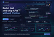 © Антон Сальников - A screen shows a web platform called ProtoStack designed for developers. Users can see tools to build, test, and ship APIs and monitor performance. Key stats and options are visible.