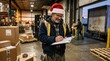 © Coosh448 - A logistic manager or truck driver in a Santa hat and eyeglasses writing on a clipboard, seasonal shipping setting, practical workwear, holiday delivery mood with warm industrial light,