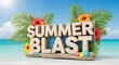 © K studio - Summer Blast 3D text on tropical beach background, vibrant vacation banner with hibiscus flowers and palm leaves, seasonal holiday promotion