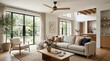 © Марія Томилович - sun-washed luxury living room interior mockup, a contemporary couch beneath a sleek modern ceiling fan, soft daylight filtering through large windows, uncluttered styling and domestic comfort,