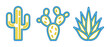 © Mark - A set of neon-style vector icons featuring saguaro, prickly pear cactus, and agave plants. Bright blue and yellow design for modern, fun, or Mexican-themed projects.