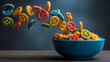 © MDRAFIQUL - Colorful crunchy snacks or cereal wheels falling into a blue bowl, vibrant food photography.