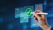 © Aspect - Hand holding stylus pen selecting green checkmark on futuristic digital interface with floating holographic screens virtual reality user experience modern business approval