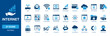 © Vector IMG - Internet solid vector glyph icon set with modem, safe wifi, global internet, cloud folder, firewall, online shopping, cyber security, and augmented reality icons.