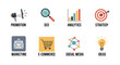 © Digitraz - A comprehensive digital marketing icon set featuring promotion, SEO, analytics, strategy, email marketing, e-commerce, social media, and innovative ideas.