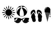 © Refina - Summer vacation essentials black silhouettes on white background.
