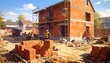 © DeeP CollectioN  - Construction site with workers in safety vests building multi-story red brick structure, scaffolding, tools, and stacks of bricks under clear sky, symbolizing collaboration, progress, and craftsmanshi